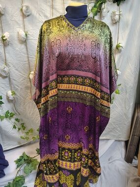 Vibrant Ombre Paisley Kaftan in Purple, Pink & Gold